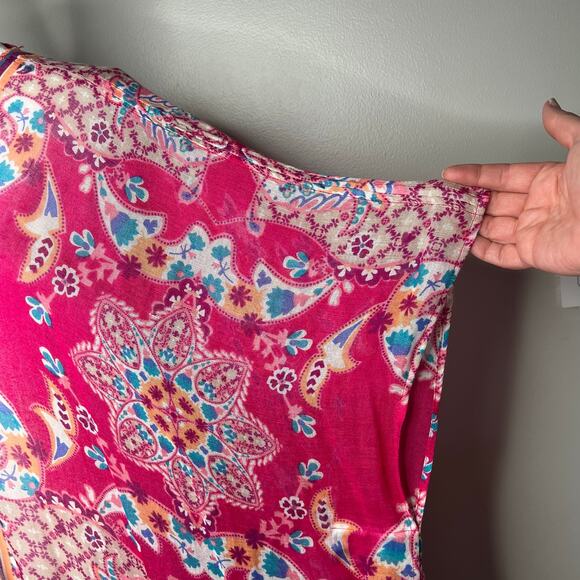 Chico's Colorful Pink Kimono Cover-Up Linen Blend Boho Fringe Beach Resort L/XL - Picture 6 of 11